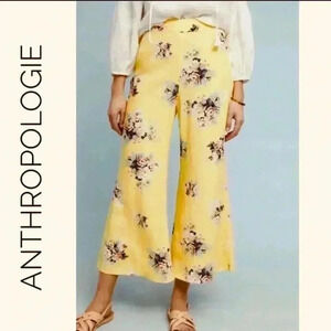 Anthropologie Feather and Bone Flare Pants Sz 6 Yellow Floral Cropped Wide Leg